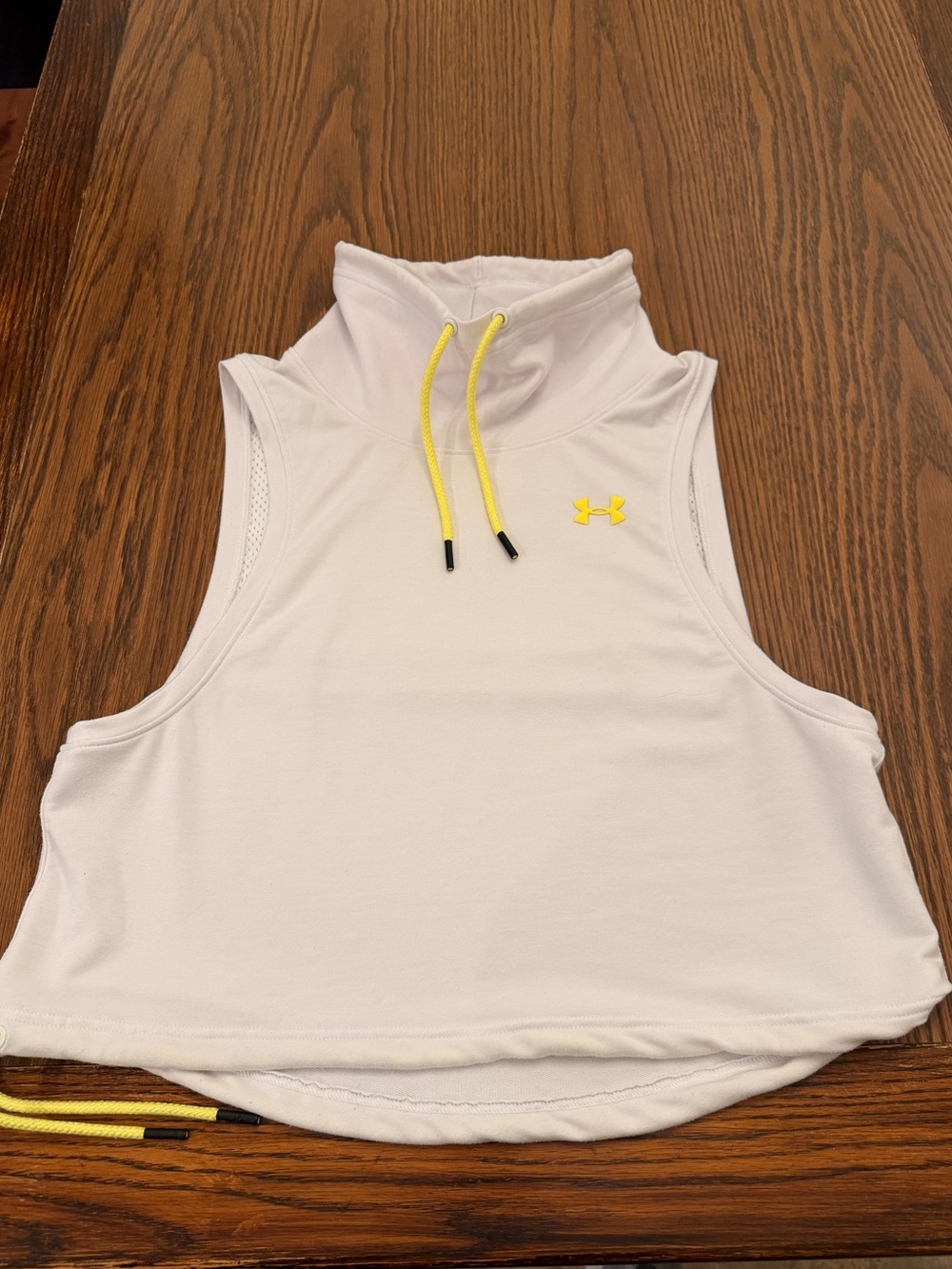Under Armour White Sleeveless Crop Hoodie with Yellow Drawcords